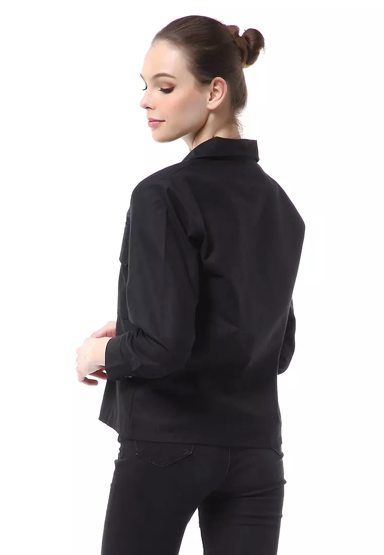 Brielle Atasan Wanita Kemeja Pocket Plain Motive Lengan Panjang Material Linen ORIGINAL - Black