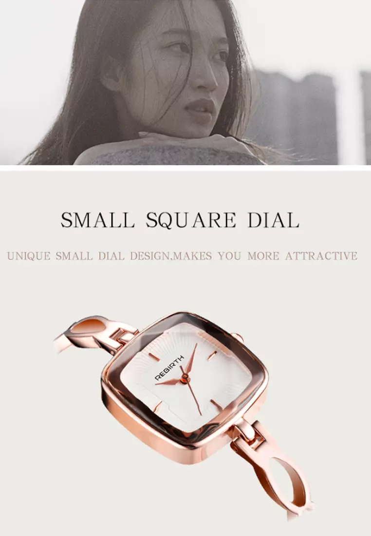 REBIRTH jam tangan wanita tali stainless steel square tahan air kuarsa