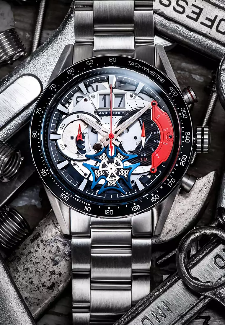 Aries Gold Jolter - Jam Tangan Chronograph Pria - Silver Black - Stainless Steel - G 7008