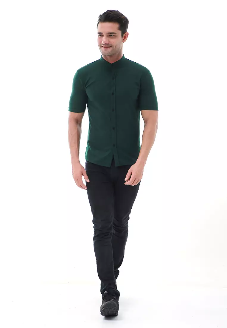 Leopold Atasan Pria Kemeja Kasual Slim Fit Lengan Pendek Motif Polos Material Cotton ORIGINAL - Green