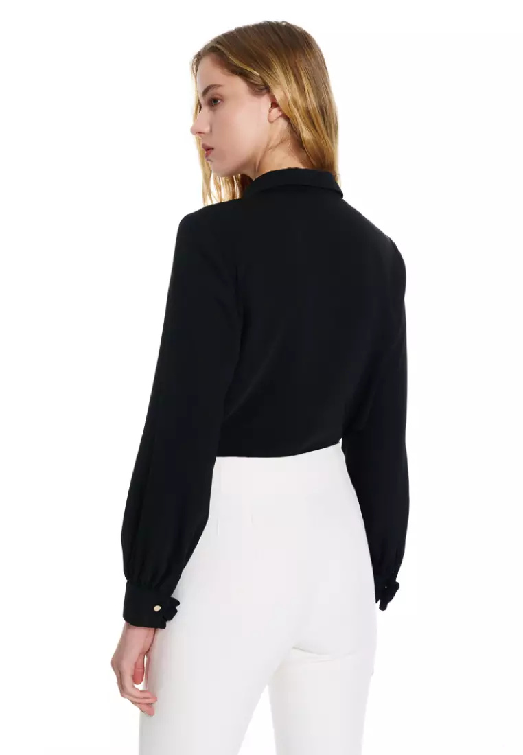 Black Pleated Cuffs Long Sleeve Top