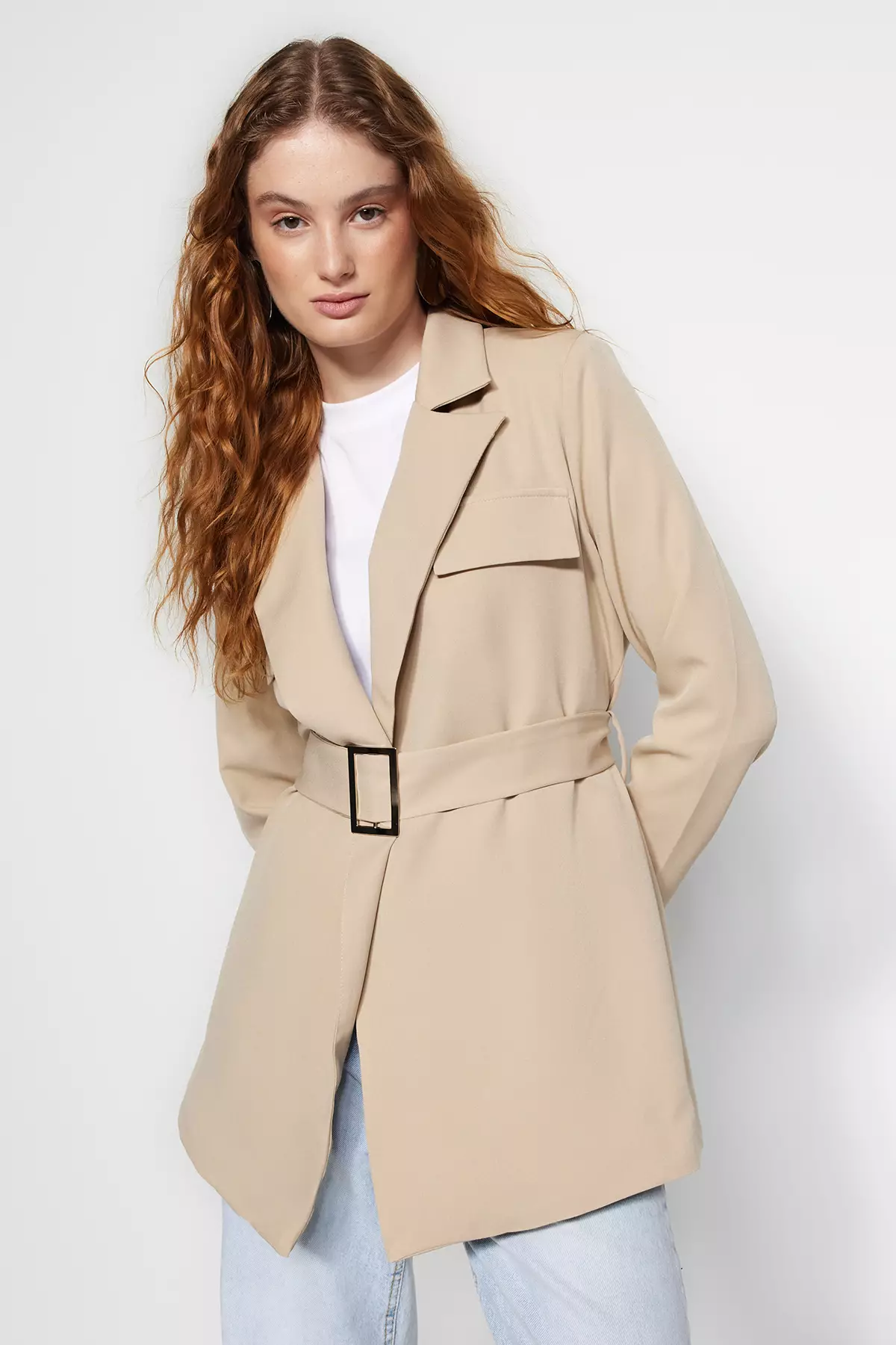 Beige on sale belted jacket