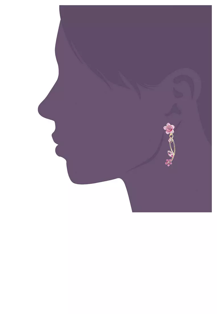 Pink Flower Shape Golden Earrings with Pink Austrian Element Crystals