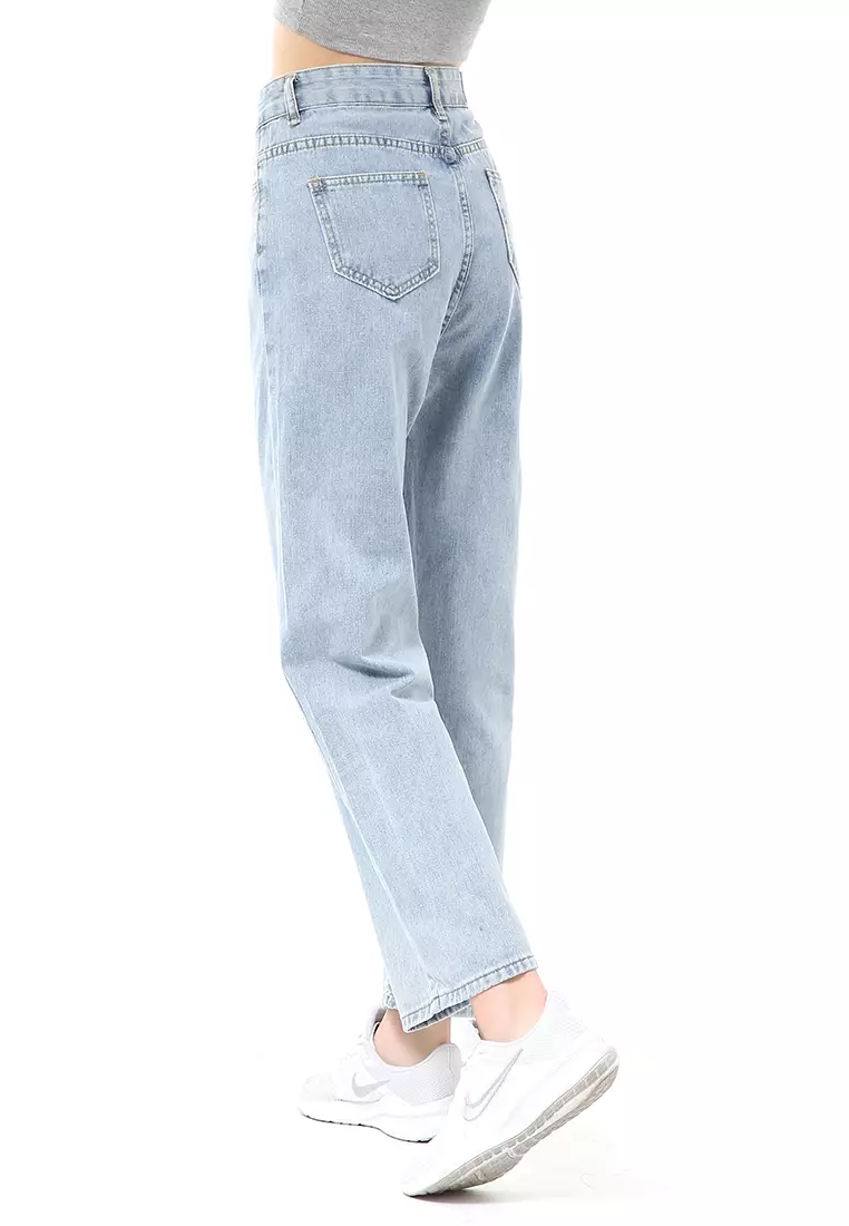 Stella Highwaist Jeans Kulot Wanita Long Pants Belt Design Material Denim ORIGINAL - Light Blue
