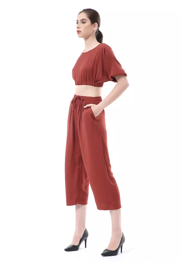 Nayra One Set Setelan Wanita Atasan Crop Lengan 3/4 Celana Kulot Material Rayon ORIGINAL - Terracotta