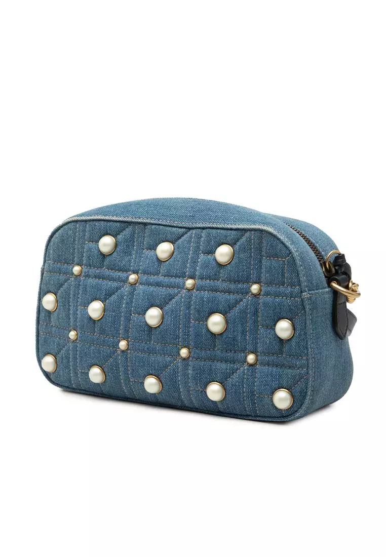 Pre-Loved Gucci Small Gg Marmont Pearl Studded Denim Crossbody