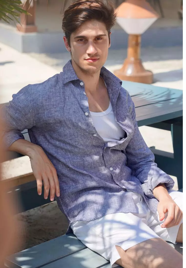 Nissi Kemeja Linen Lengan Panjang Pria Abu | Linen Long Sleeve Shirt Men Grey