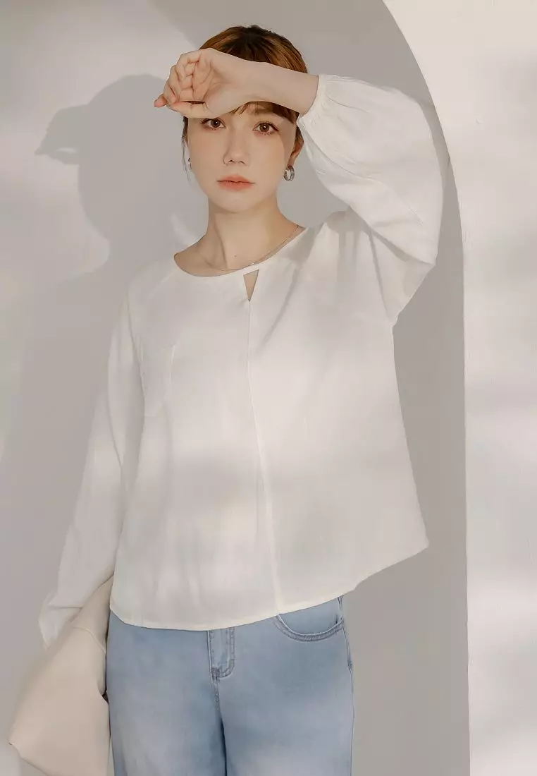 棉麻造型開口泡泡袖上衣《AB18099》