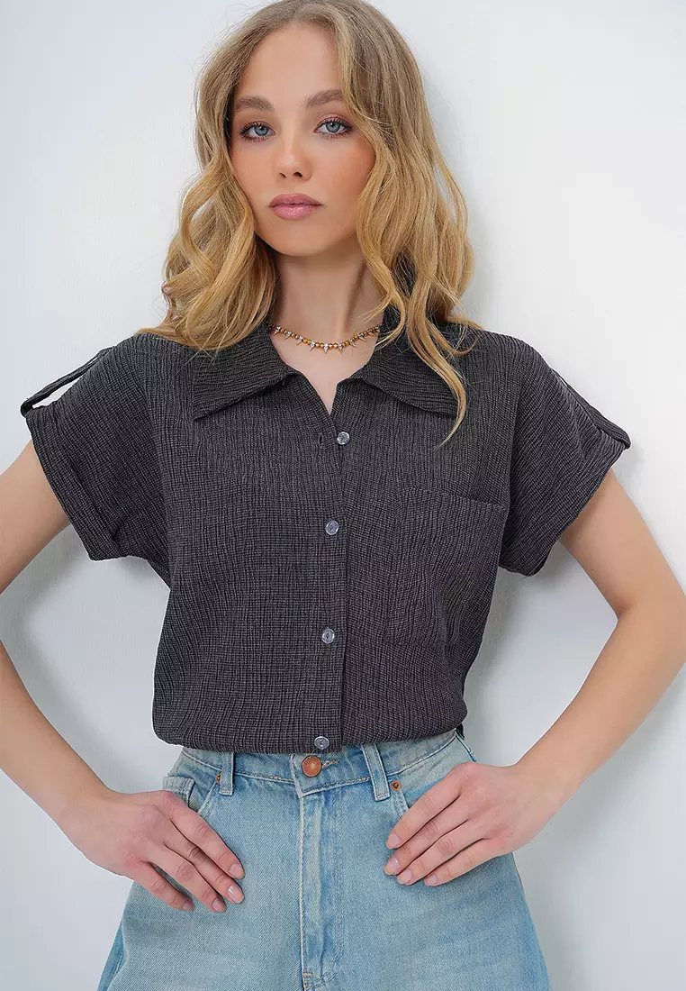 Women's Anthracite Cuffed Double Short Sleeve Textured Shirt