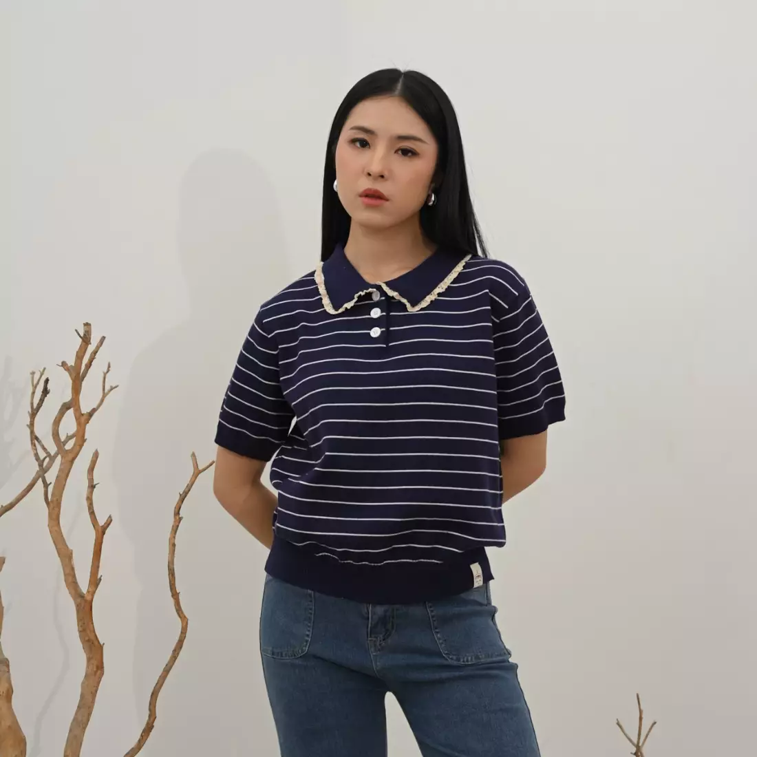 Jual MKY Clothing Talia Ruffle Polo Knit Top in Navy Original 2025