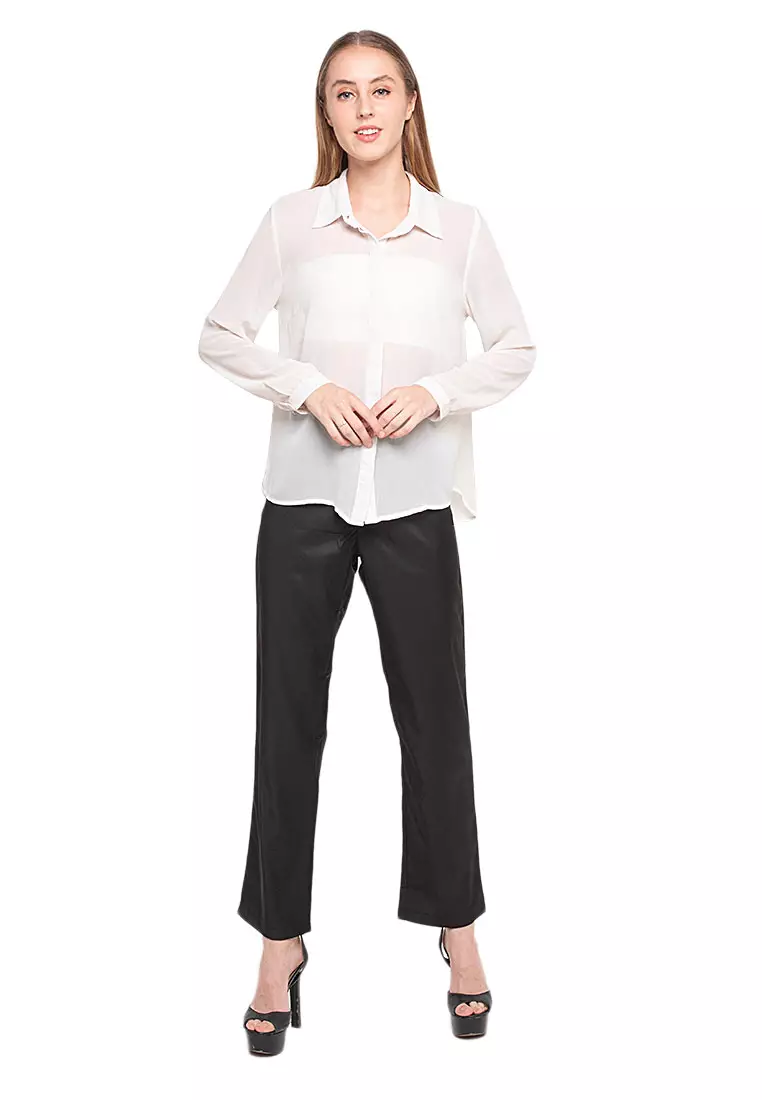 Jane Celana Kerja Trousers Motif Solid Bawahan Wanita Regular Fit - Hitam