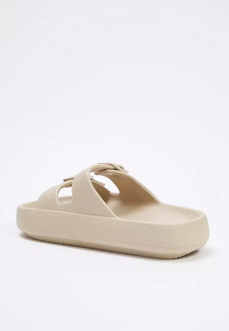 Beige Double Banded Buckle Detailed Light Sole Women's Slippers Takss25Te00019
