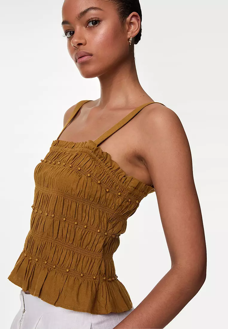 Linen Rich Square Neck Smocked Cami Top