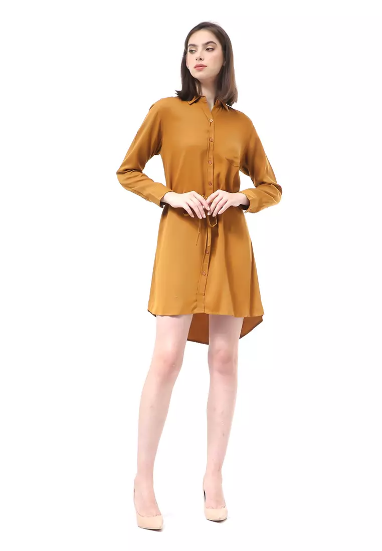 Rachel Dress Wanita Model Kemeja Full Kancing Long Sleeve Material Twill Rayon ORIGINAL - Kunyit