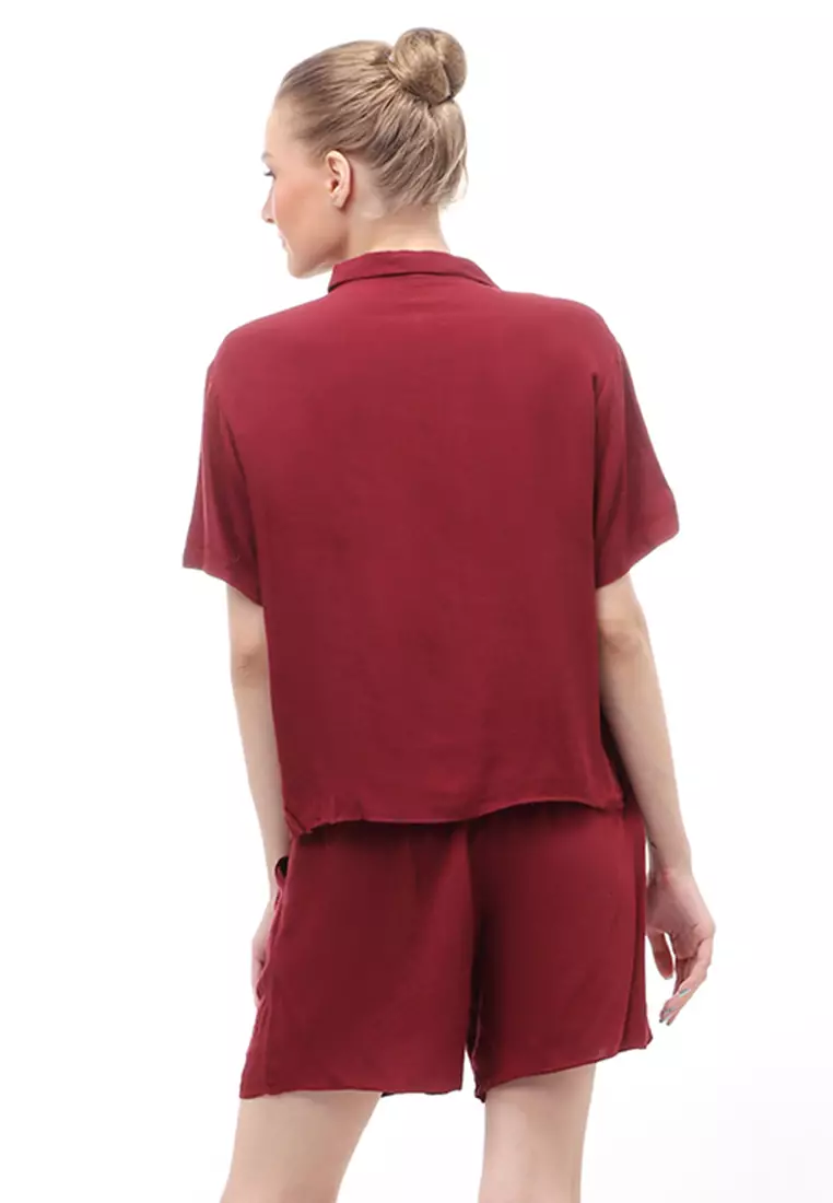 Avalee Setelan Wanita Simple Atasan Bawahan Motif Plain Relaxed Fit - Maroon