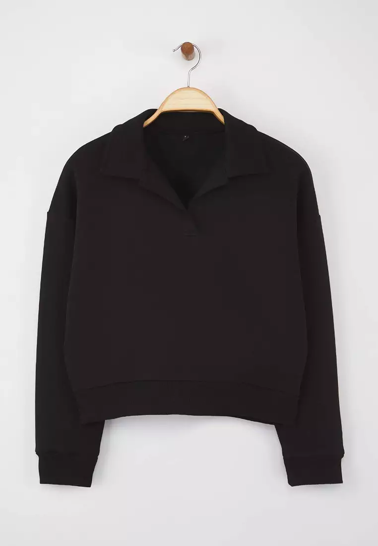 Teen Black Plain Regular Pattern Knitted Sweatshirt Twoaw26Sw00049