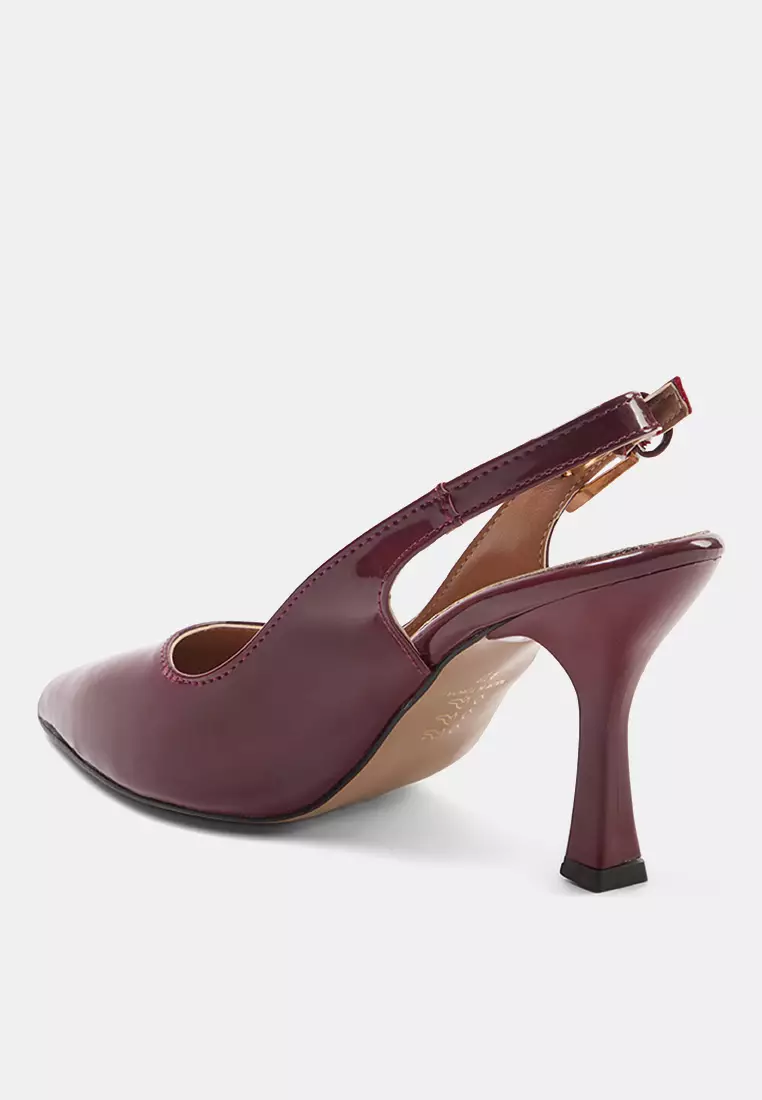 Pointed Toe Claret Red Thin Heeled Women's Shoes - Gold Buckle, Open Back