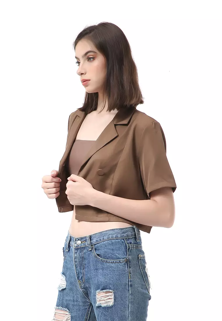 Myra Blazer Wanita Lengan Pendek Simple Design Motif Polos Material Cotton ORIGINAL - Brown