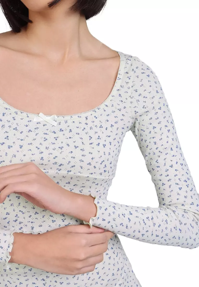 Ditsy Floral Pointelle L/S Top And Ruffled Skirt Set