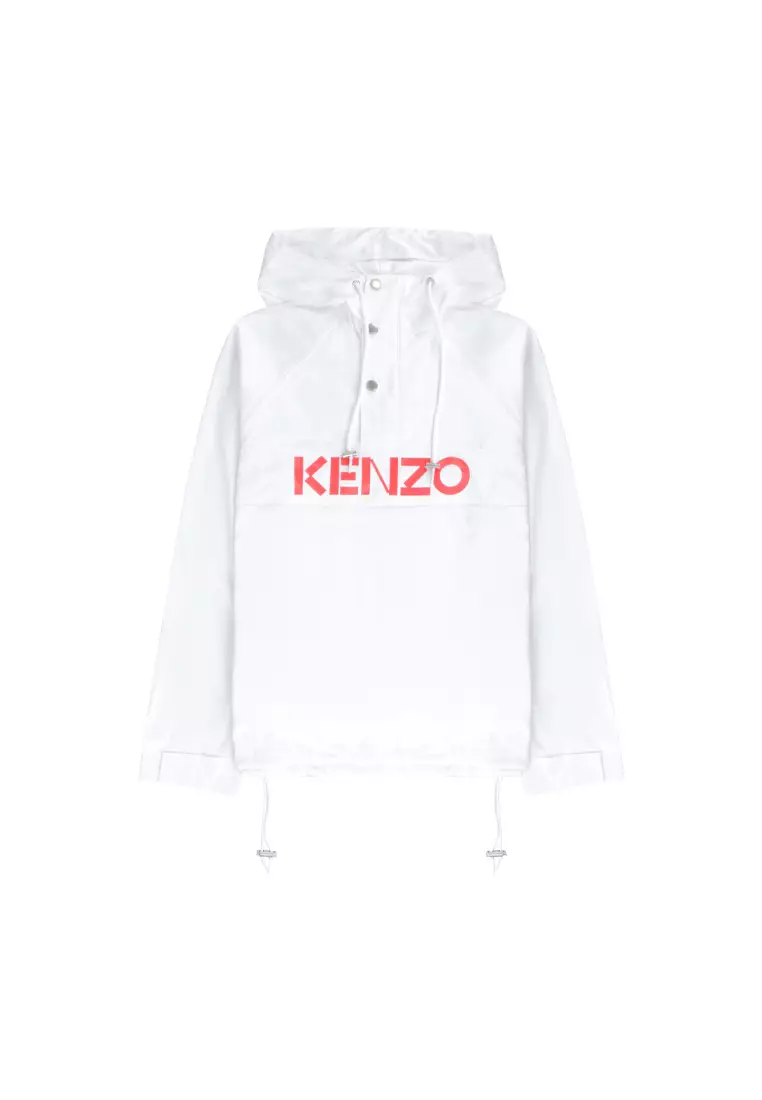 KENZO 22FW Men s Hooded Pull cord Solid color logo print half door flap zipper long sleeve Jacket FC65BL0519NB.01