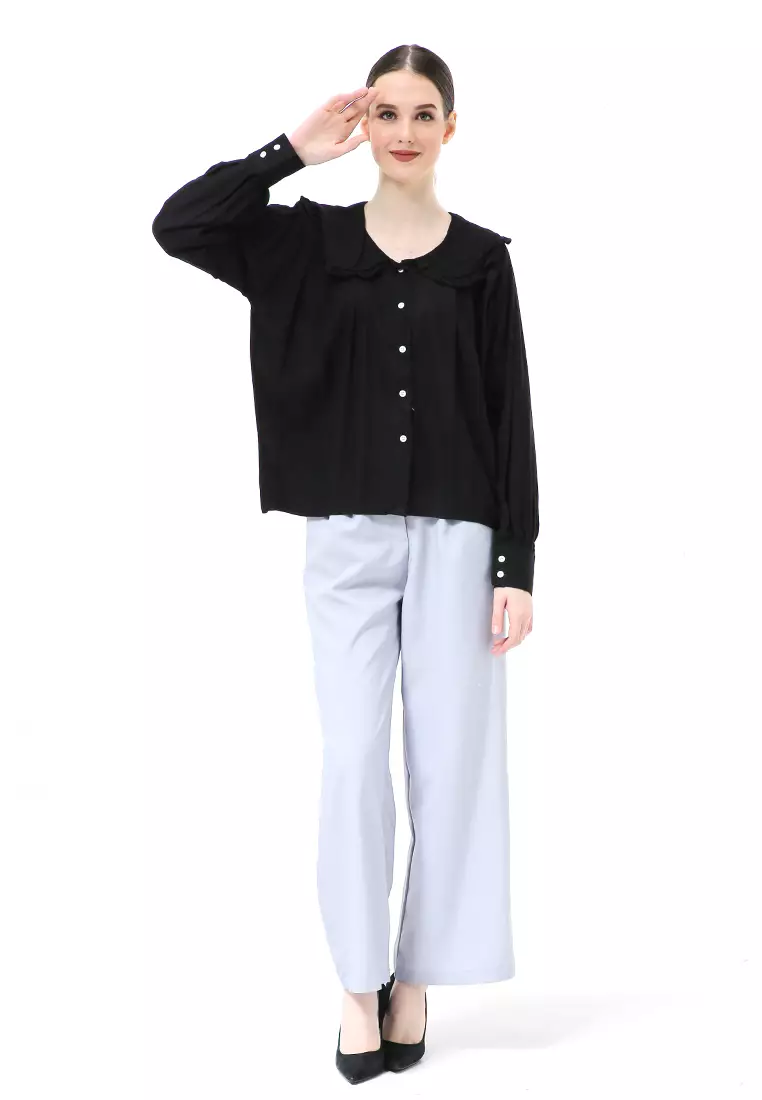 Adena Blouse Atasan Wanita Long Sleeve Kerah Rempel - Hitam