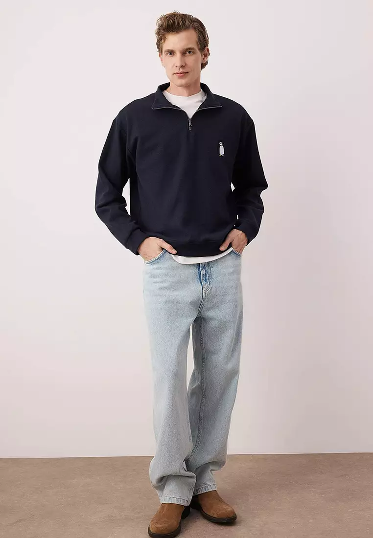 Navy Blue New Oversize/Wide Cut Penguin Embroidered Textured Stand Collar Sweatshirt