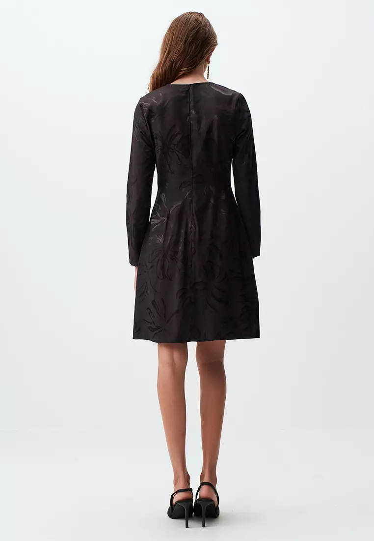 Jimmy Key Black Round Neck Long Sleeve Patterned Mini Dress
