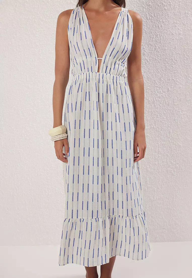 Line Patterned Maxi Woven Beach Dress Tbess25El00108