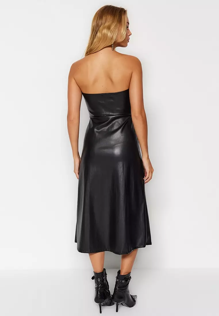 Faux Leather Strapless Midi Dress