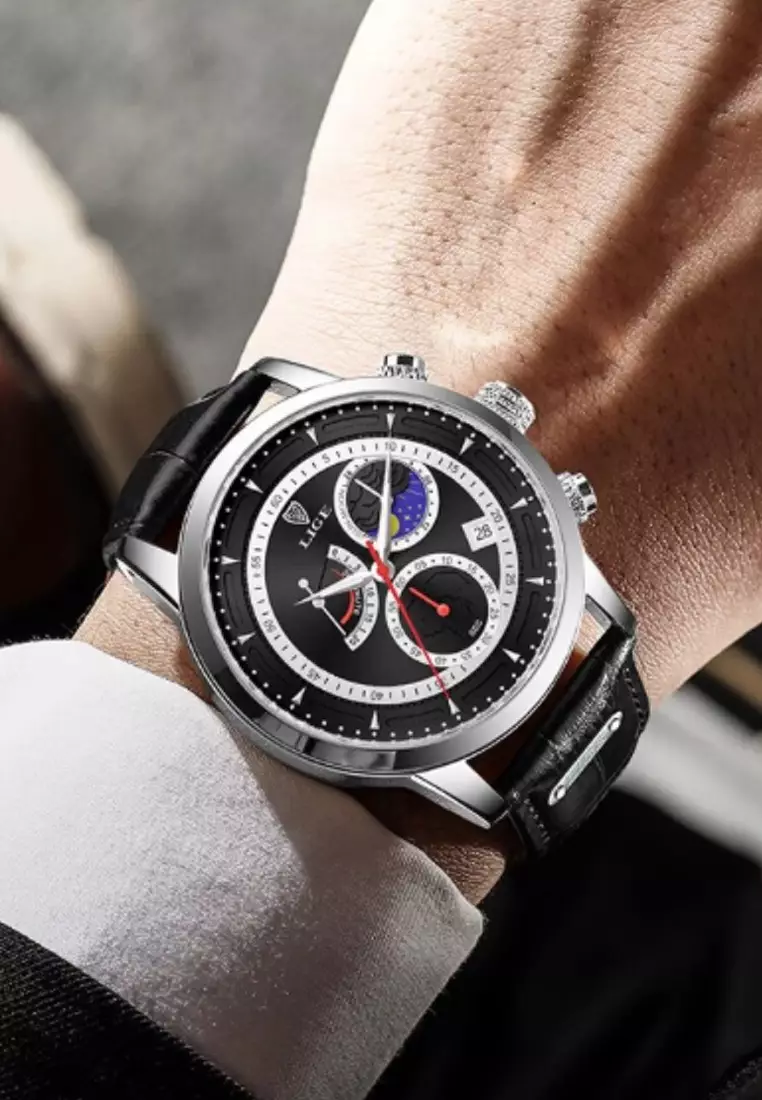 Chronograph Unisex Stainless Steel Quartz Watch, Black dial on Black Leather Strap