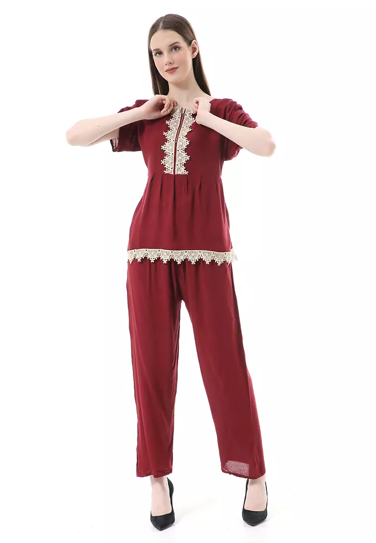 Zemira Piyama One Set Atasan Bawahan Wanita High Quality - Maroon
