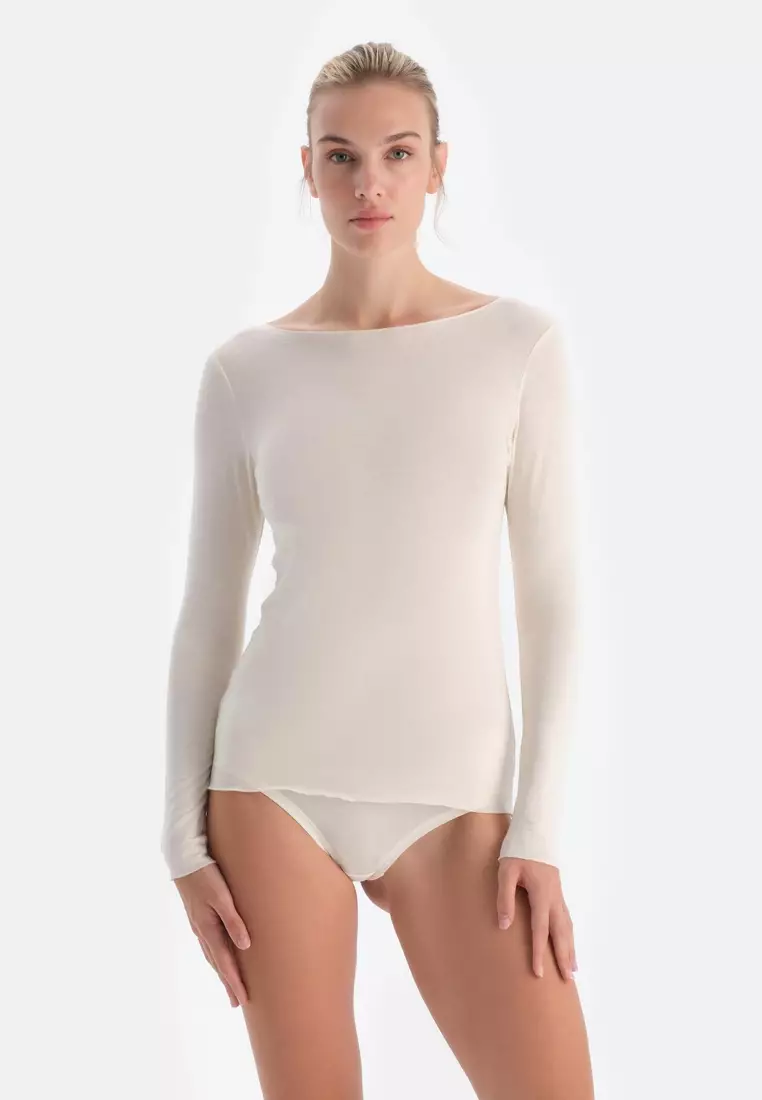 Buy DAGİ Ecru Basic T-Shirt, Boat Neck, Regular Fit, Long Sleeve