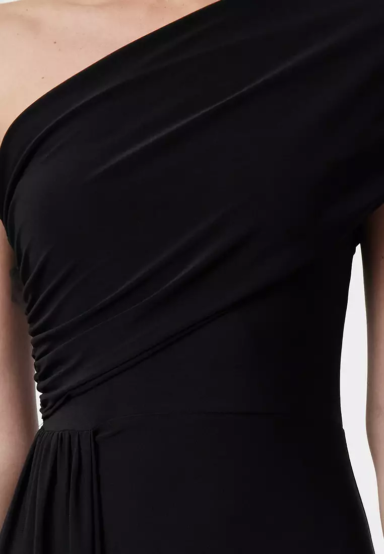 Black Asymmetric Neckline Long Evening Dress Graduation Christmas Dress