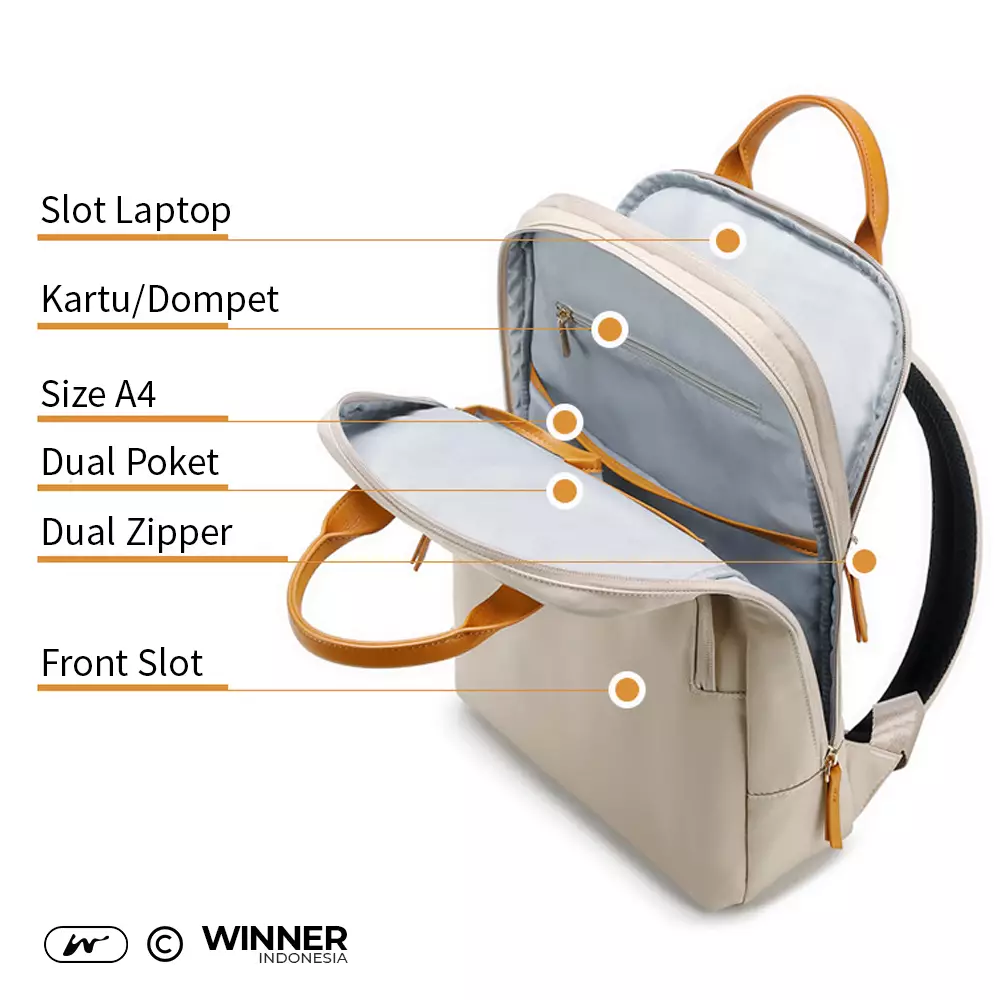 WINNER Tas Ransel Laptop Super Slim 14 inch Oxford Backpack Korean Style (T14-001) Warna Khaki-14-inch