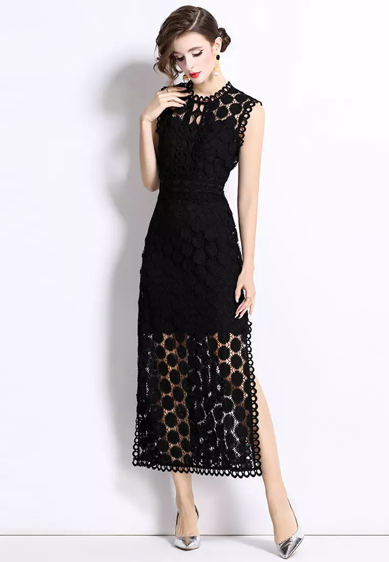 圓領收腰開叉蕾絲連衣裙CA25070947BK