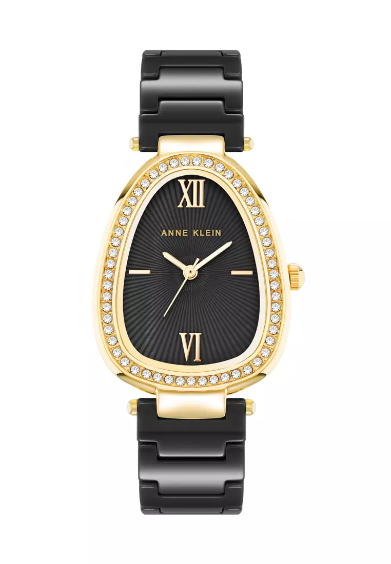 Anne Klein  AK5012GPBK0000 gold tone rectangle watch with black dial in ceramic band