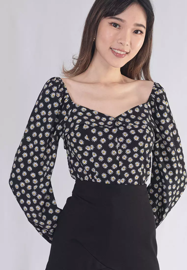 Buy Plain B. PLAIN B. LONG SLEEVE SQUARE NECKLINE FLORAL CROPPED TOP ...