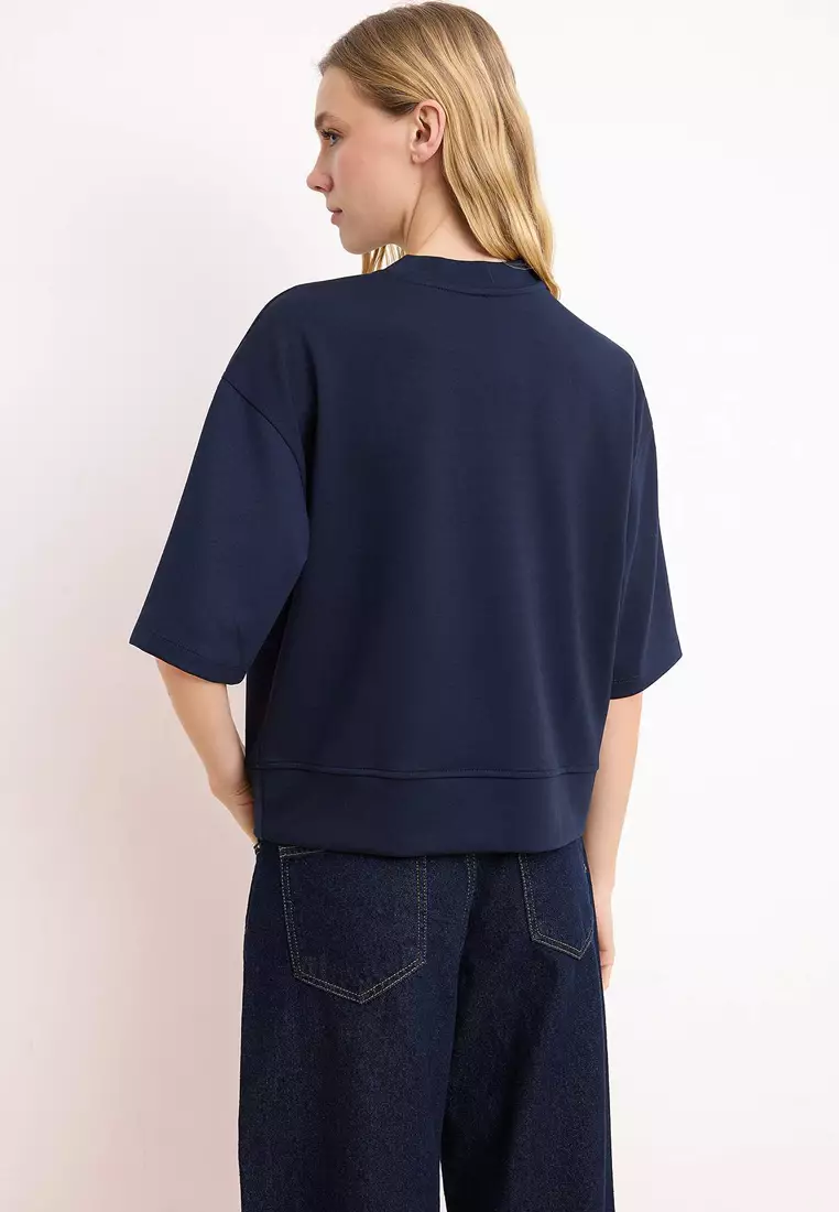 Navy Blue Oversize/Wide Fit Low Sleeve Three Quarter Soft Touch Knitted T-Shirt Twoss26Ts182
