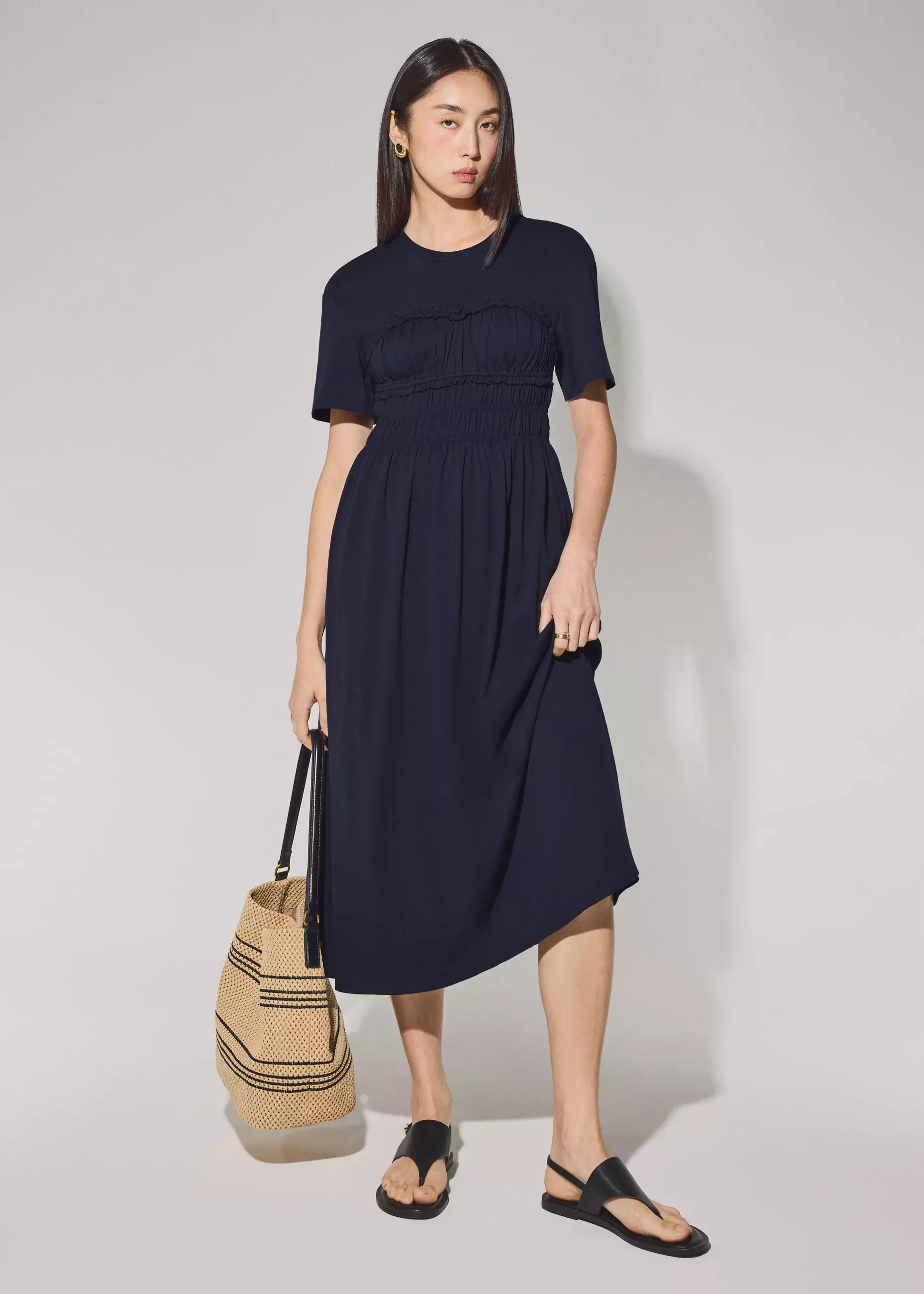 Dress Wanita - Jersey Ruched Bodice Round Neck Midi Dress