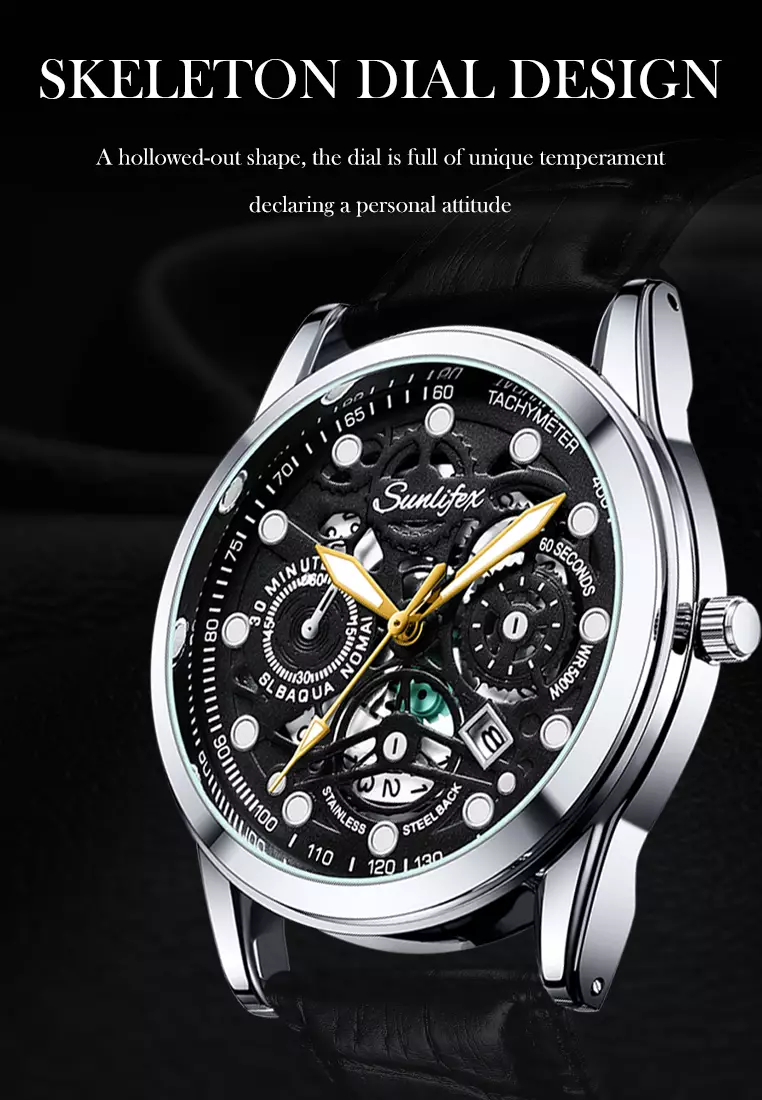 Jam Tangan Pria Dial Berongga Anti Air Kuarsa Tali Kulit Jam Pria Original Santai Mode Jam Tangan Cowok 7001 all black