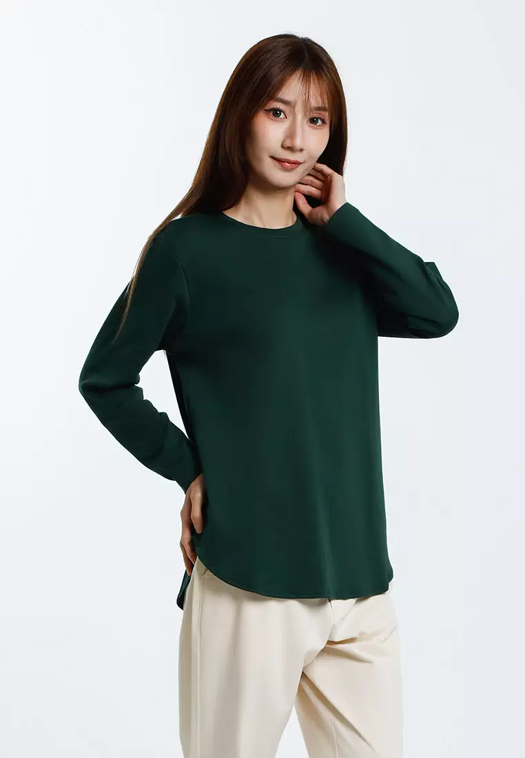 Forest Ladies Cotton Interlock Round Neck T-Shirt Women Plain Long Sleeve Tee - 822423-40DkGreen