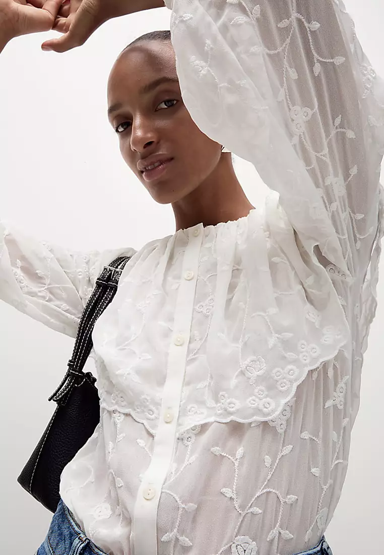 Lace Crew Neck Ruffle Blouse