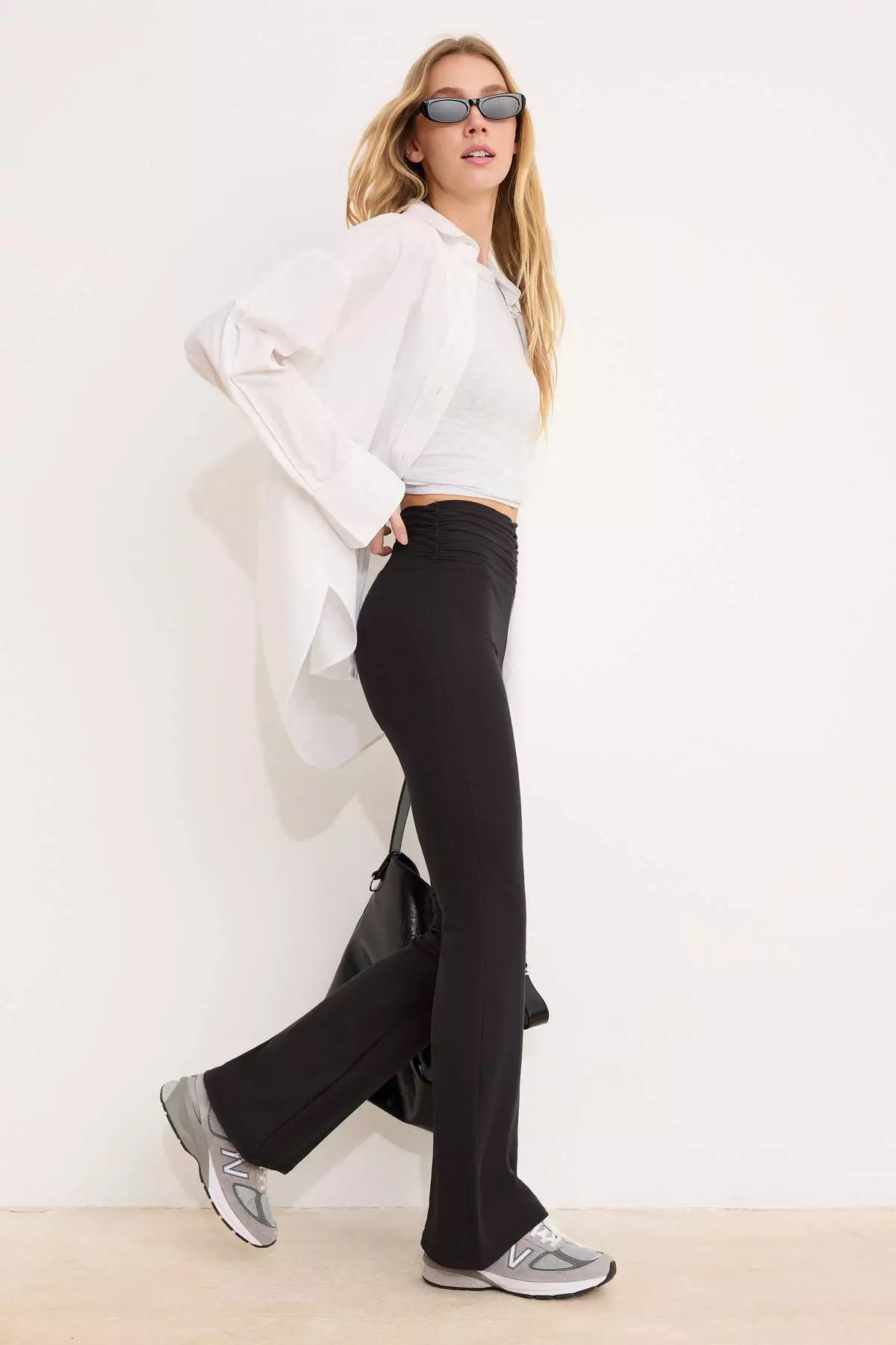 Black Flare/Spanish Leg Gathered Detailed High Waist Long Ribbed Stretchy Knitted Trousers Twoss26Pl77