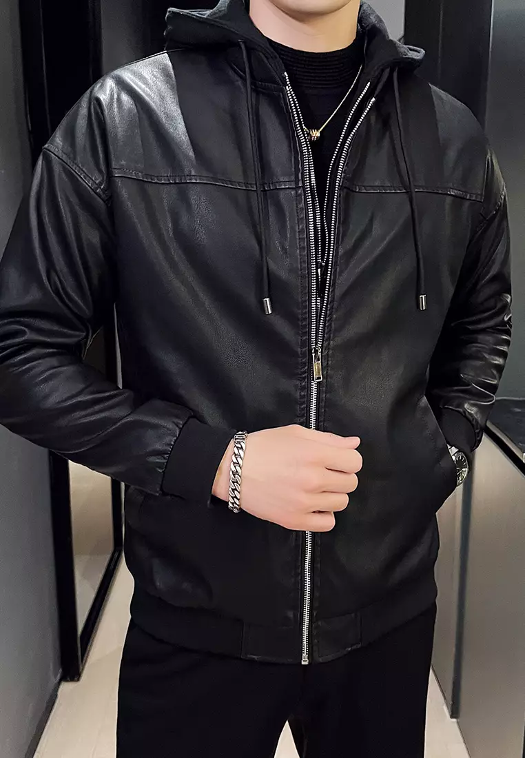 Men's Faux Leather Hooded Jacket MJ906