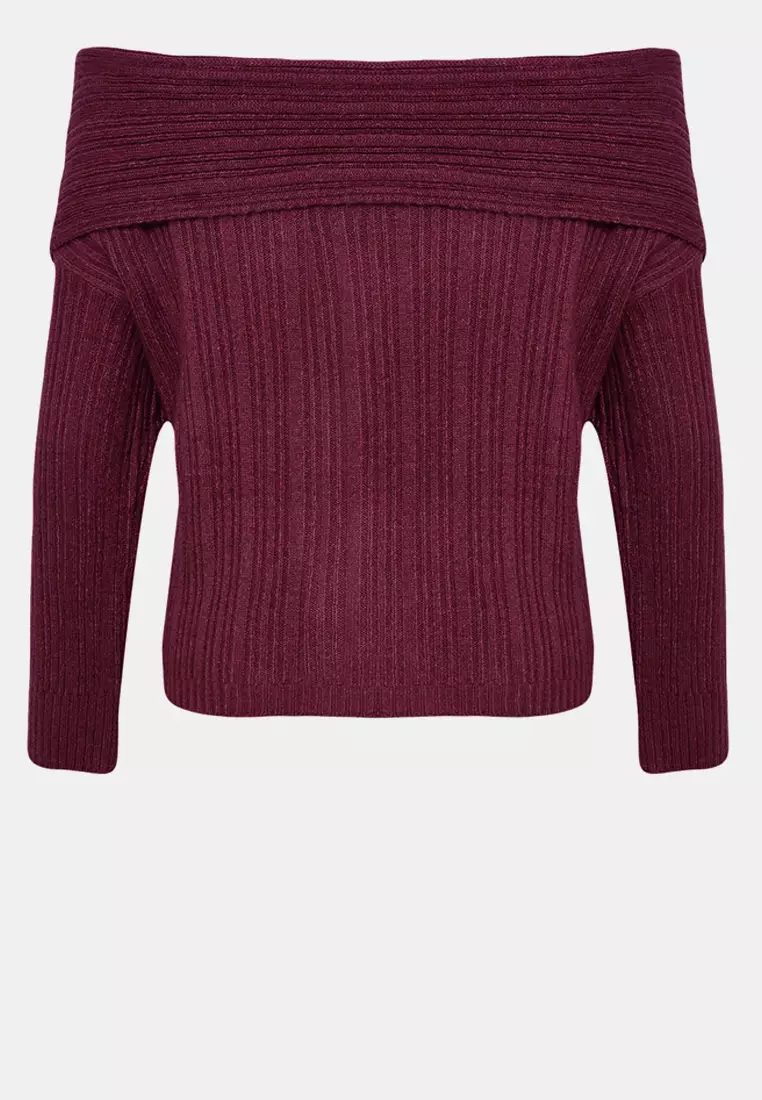 Burgundy Soft Textured Carmen Collar Knitwear Sweater