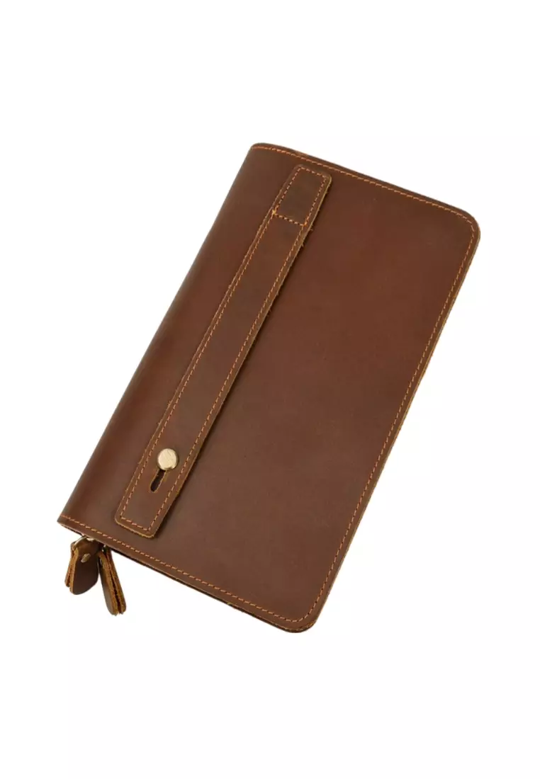 Men's Vintage Genuine Leather Double Zipper Clutch Purse Long Wallet