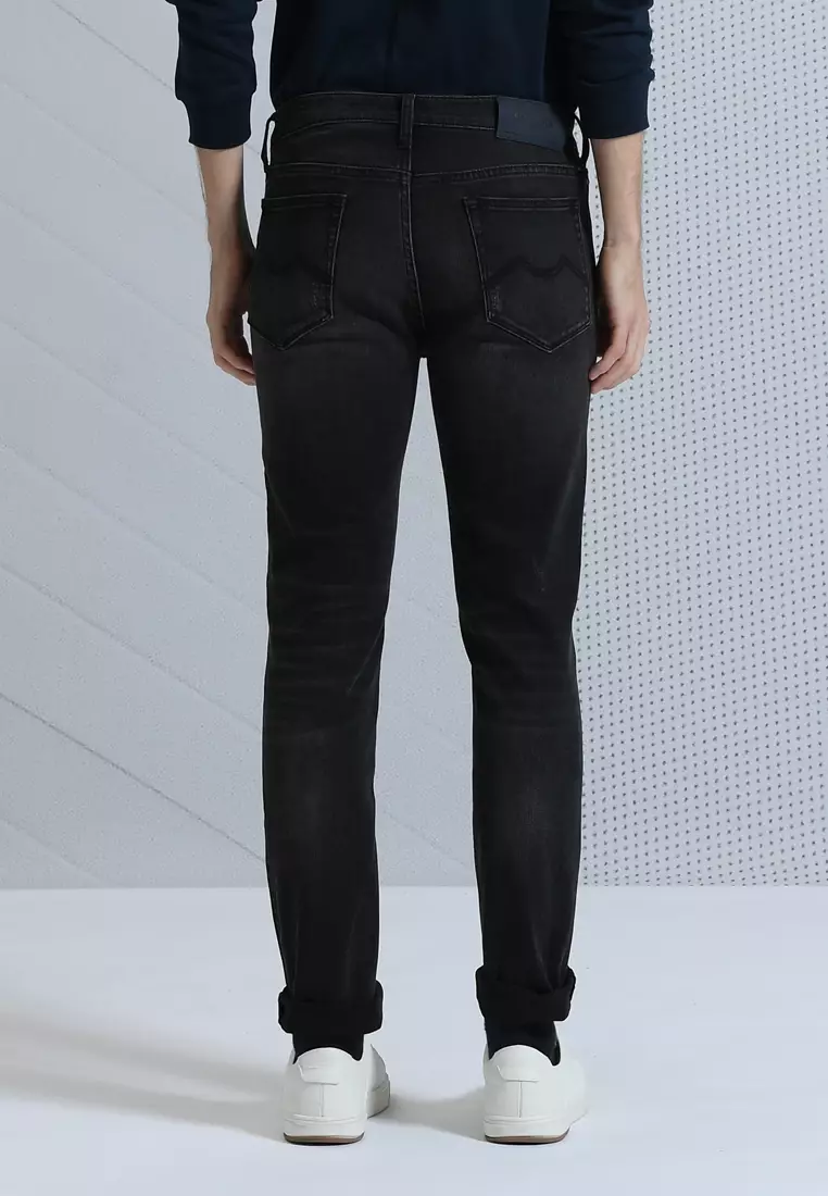 男士彈性優質黑色修身錐形牛仔褲