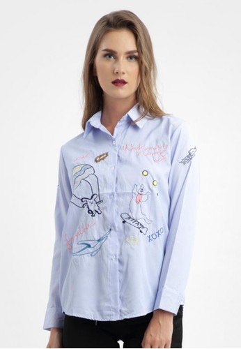 Playful Embroidery in Plain Shirt in Blue