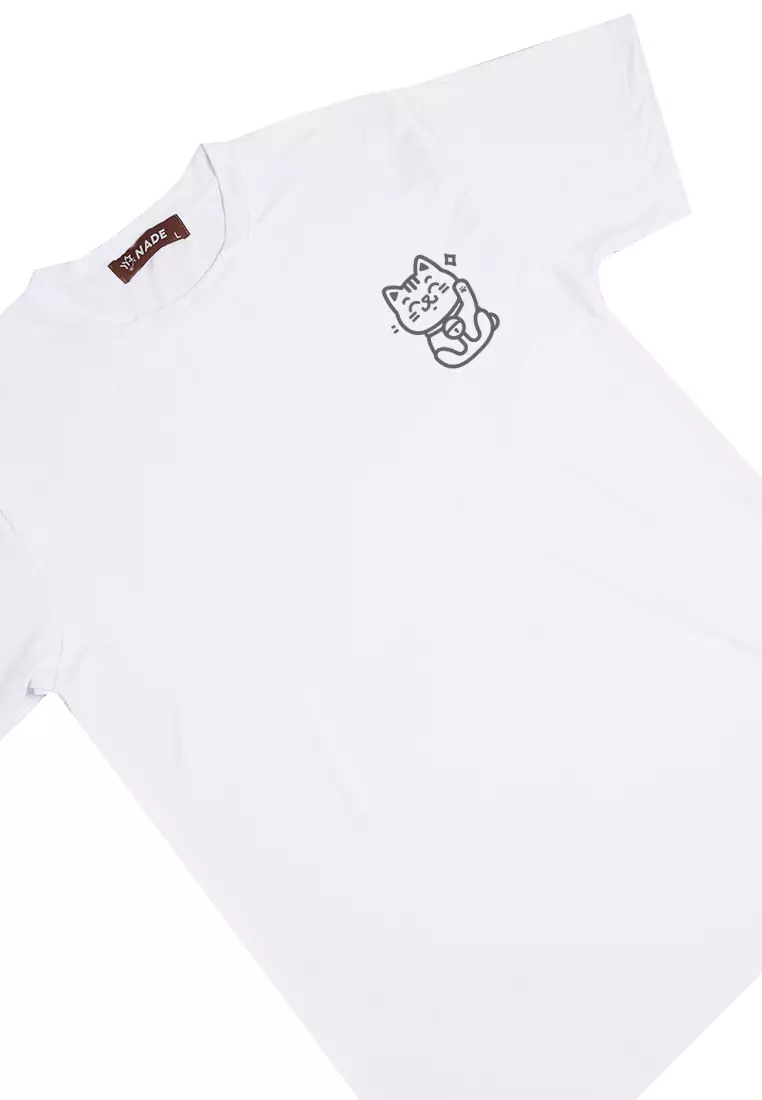 NTD63 Kaos Stretch Anti Kusut Gym Lycra Instadry "Lucky Cat" Putih