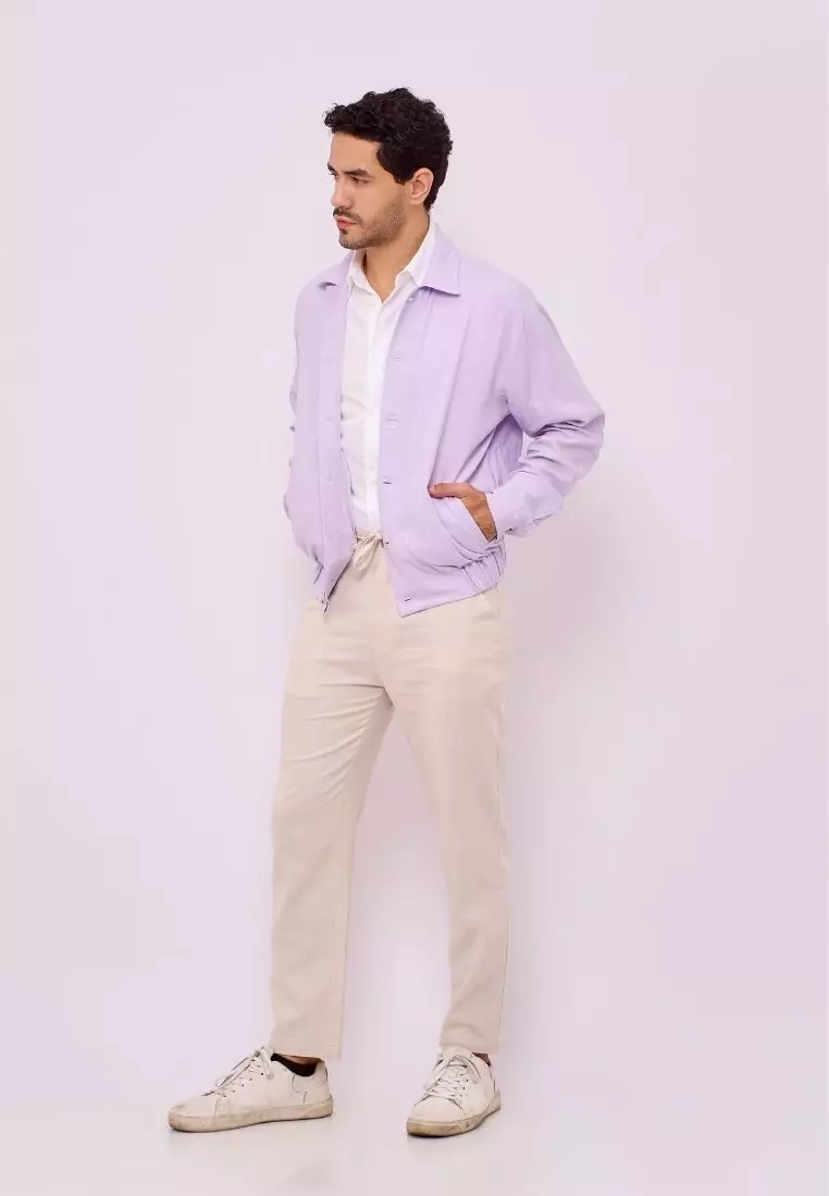 Aneto Jaket Bomber Pria Linen Warna Ungu Muda | Linen Bomber Jacket Men Lilac